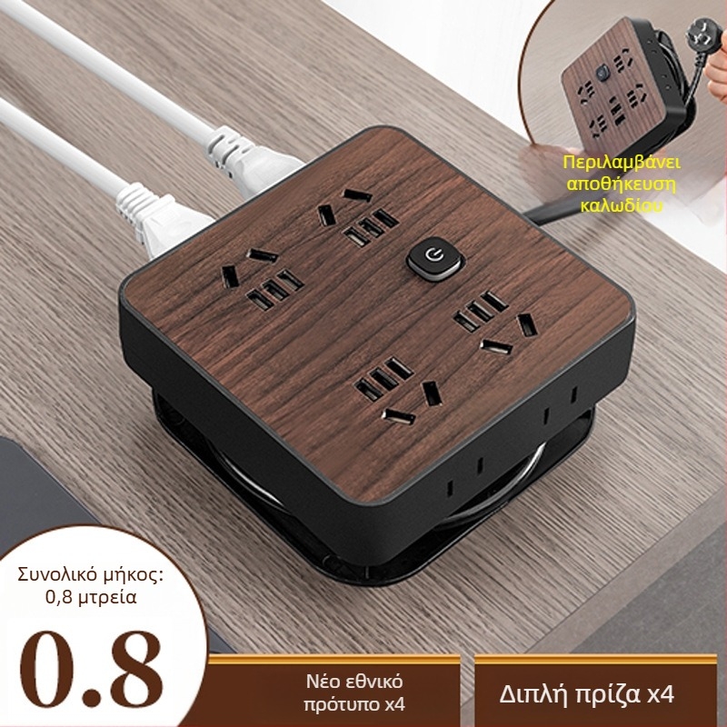 Πολυπρίζα με φινίρισμα ξύλου για οικιακή χρήση, πλευρικό διπλό βύσμα, 10A, 100–250V, ABS περίβλημα, αγωγοί από χαλκό, 3C πιστοποίηση