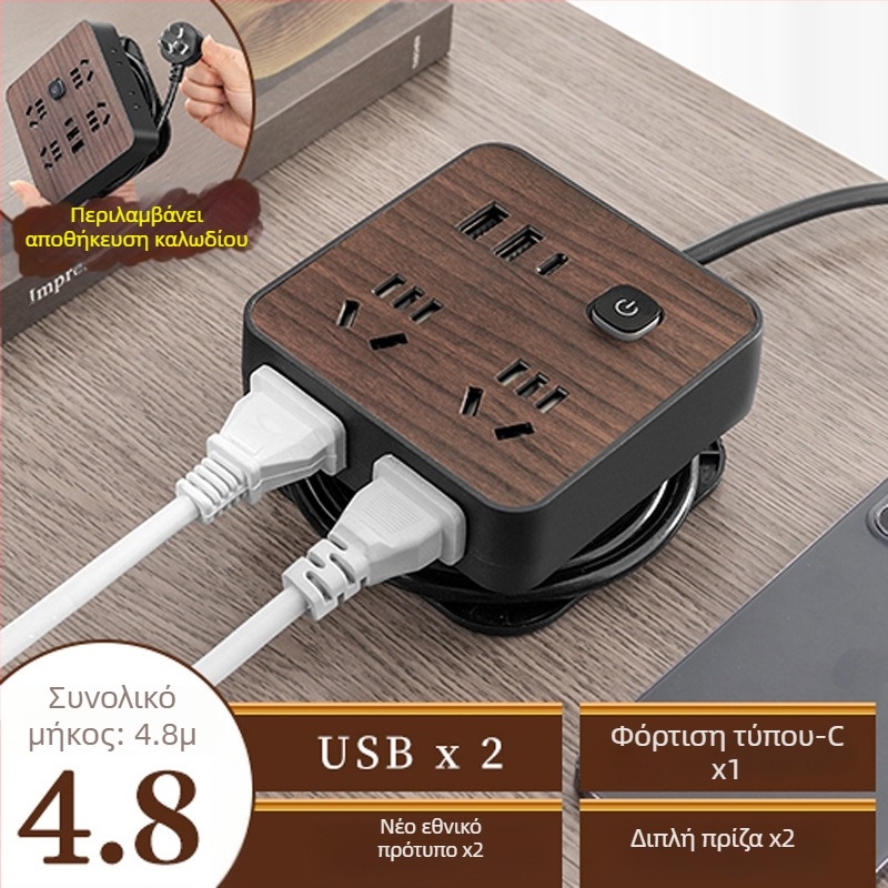 Πολυπρίζα με φινίρισμα ξύλου για οικιακή χρήση, πλευρικό διπλό βύσμα, 10A, 100–250V, ABS περίβλημα, αγωγοί από χαλκό, 3C πιστοποίηση