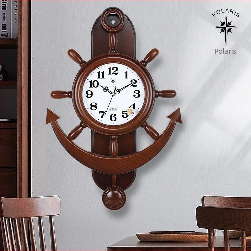 Ρολόι τοίχου Polaris Helmsman, μοντέρνο εξοχικό σαλόνι, ρολόι με τιμόνι πλοίου, μεσογειακό στυλ, αθόρυβη κίνηση με εκκρεμές quartz