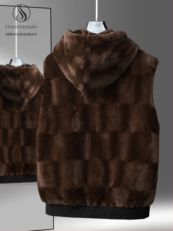 Ανδρικό γιλέκο από συνθετικό γούνινο μινκ – με κουκούλα, παχύ, σχέδιο σε πλέγμα, φερμουάρ