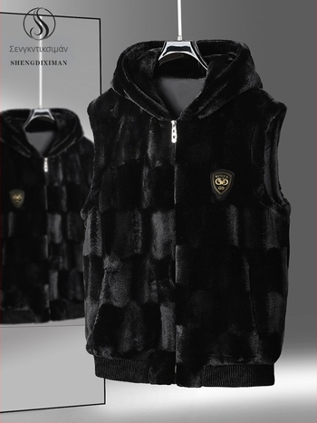 Ανδρικό γιλέκο από συνθετικό γούνινο μινκ – με κουκούλα, παχύ, σχέδιο σε πλέγμα, φερμουάρ