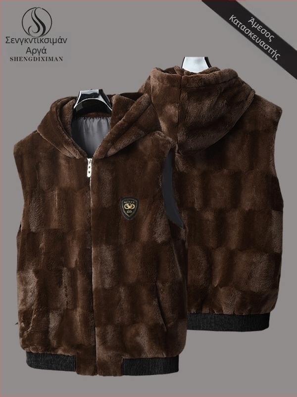 Ανδρικό γιλέκο από συνθετικό γούνινο μινκ – με κουκούλα, παχύ, σχέδιο σε πλέγμα, φερμουάρ