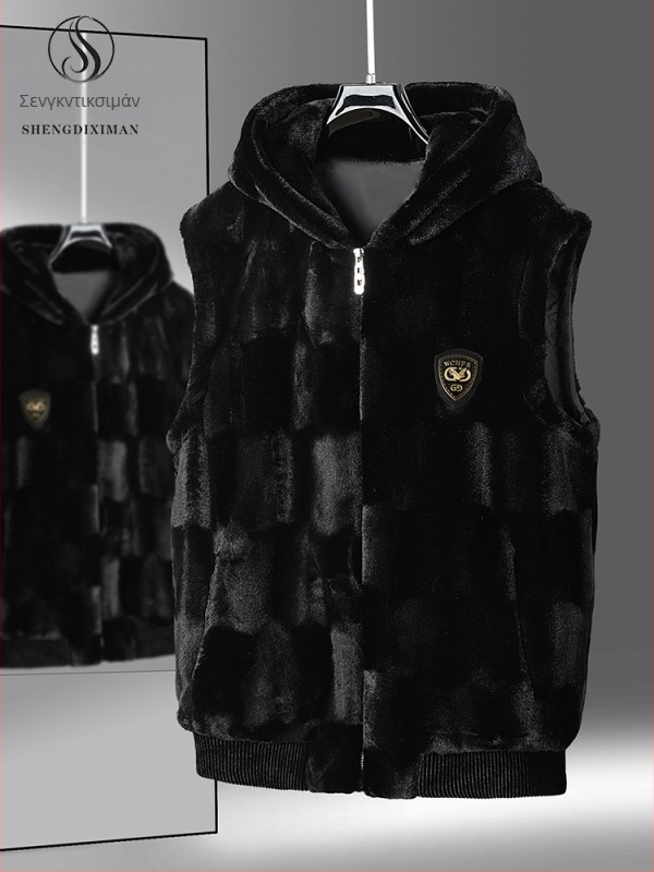 Ανδρικό γιλέκο από συνθετικό γούνινο μινκ – με κουκούλα, παχύ, σχέδιο σε πλέγμα, φερμουάρ