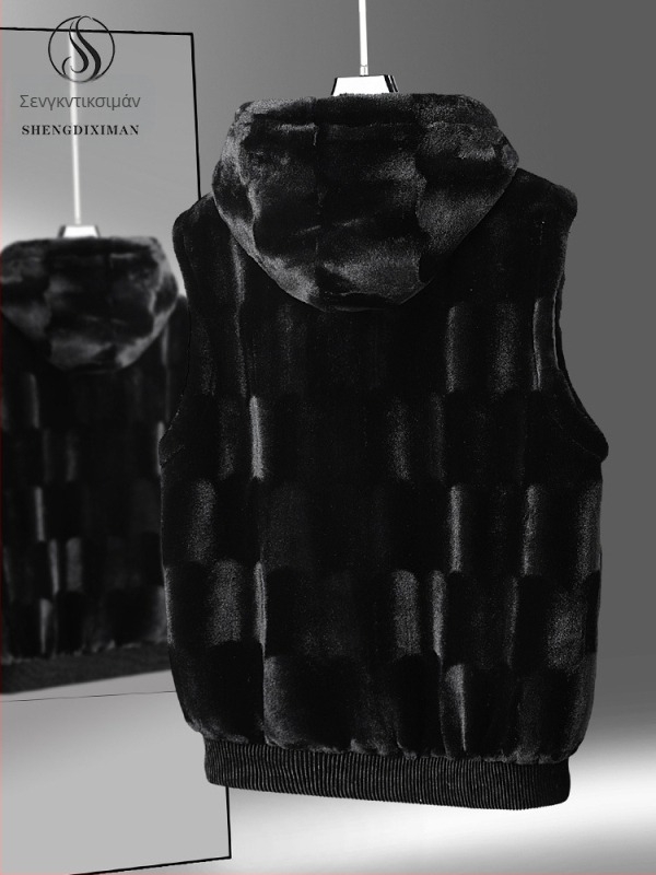 Ανδρικό γιλέκο από συνθετικό γούνινο μινκ – με κουκούλα, παχύ, σχέδιο σε πλέγμα, φερμουάρ