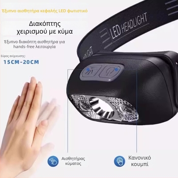 Φακός κεφαλής, επαναφορτιζόμενος, αδιάβροχος, για νυχτερινό ψάρεμα, φορητός