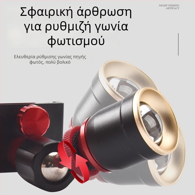 Φανάρι ψαρέματος από κράμα αλουμινίου με ρυθμιζόμενο ζουμ, μπλε-κίτρινο φως, λάμπα + LED, εξωτερική παροχή ρεύματος, εμβέλεια 100–200 m