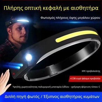 Φορτιζόμενος φακός κεφαλής LED με αισθητήρα κύματος, USB-C φόρτιση, COB LED, εμβέλεια δέσμης 200–500 μέτρα, για αλιεία