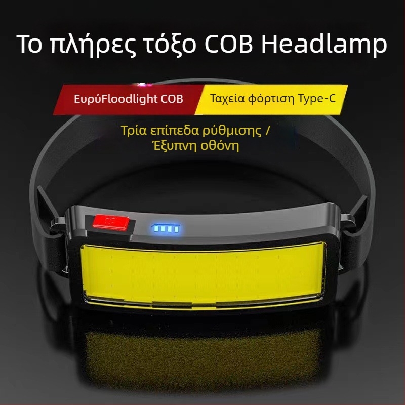 Φακός κεφαλής COB LED, επαναφορτιζόμενος μέσω USB, αδιάβροχος; εμβέλεια δέσμης 50–300 m, βάρος 0,1 kg