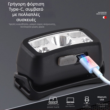 Λάμπα κεφαλής LED, επαναφορτιζόμενη, ABS σώμα, εμβέλεια 200–500 m, δυνατότητα εκτύπωσης λογοτύπου