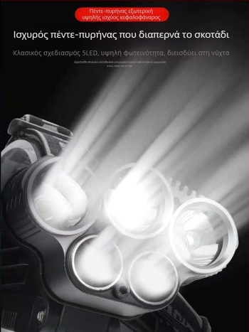 Κεφαλοφακός USB επαναφορτιζόμενος, LED T6, δέσμη έως 500 m, αυτονομία 4–8 ωρών, βάρος 200 g