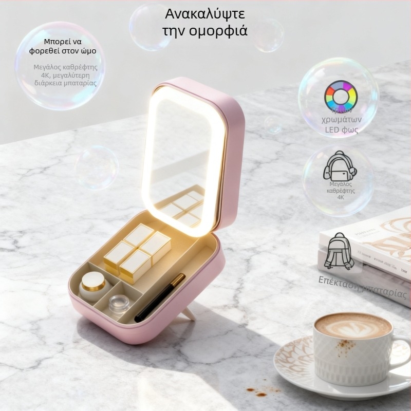 Κουτί μακιγιάζ, φορητό, αναδιπλούμενο, με LED φωτισμό, θήκη αποθήκευσης κοσμημάτων, PU δέρμα