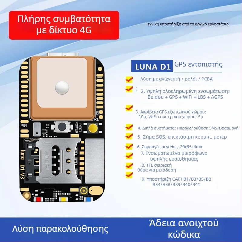 GPS εντοπιστής – κύρια πλακέτα με κεραίες BeiDou και Wi‑Fi για ιχνηλάτηση κατοικίδιων και οχημάτων, ανάπτυξη 4G PCBA, διαστάσεις 35×20×4 mm, ακρίβεια θέσης έως 10 m, διάρκεια μπαταρίας 72 h, εξωτερική τροφοδοσία 5V