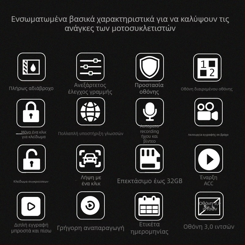 MT20 Κάμερα Καταγραφής Μοτοσικλέτας Με Αδιάβροχο Διπλό Φακό, 120° Γωνία Προβολής, 2.0 MP, 3-ιντσών Οθόνη, Ενσύρματο Τηλεχειριστήριο