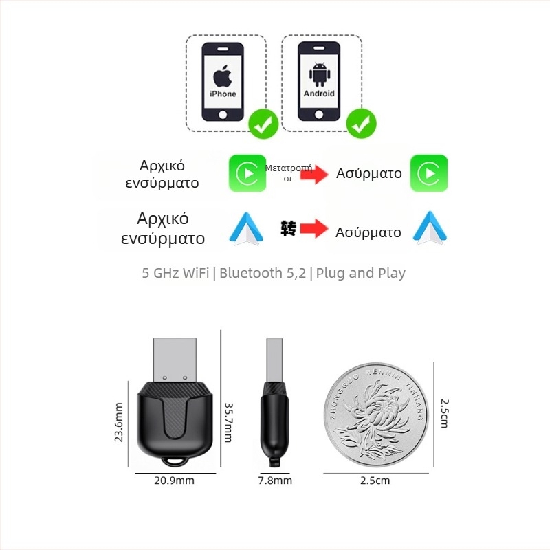 Ασύρματο κουτί CarPlay αυτοκινήτου, μονάδα συνδεσιμότητας, καθολικός δέκτης και πομπός Wi‑Fi