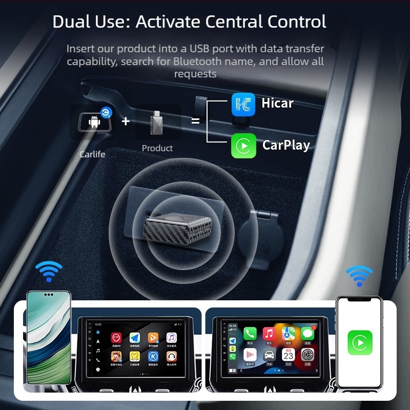 Ασύρματος αντάπτορας CarPlay για αυτοκίνητο με μοτίβο ανθρακονοήματος, CarLife HiCar