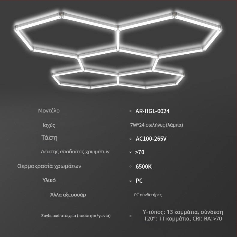 Έξιγωνική LED γκαράζ φώτιση με κυψέλη, μοντέλο Garage Light-0024, 168W, 100 lm/W, 50.000 ώρες, AC 100-265 V