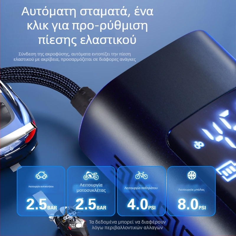 Φορητή ασύρματη αντλία αέρα αυτοκινήτου με LED φως και συναγερμό, με μετρητή πίεσης ελαστικών και φόρτιση USB — 220W, 30 L/min, ψηφιακή οθόνη