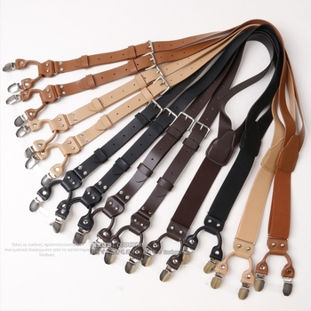 Ανδρικές δερμάτινες τιράντες με 6 κλιπ, διπλής στρώσης δέρμα + ελαστική ζώνη, ρυθμιζόμενη μήκος, διασταυρούμενο πίσω, για ενήλικους άνδρες