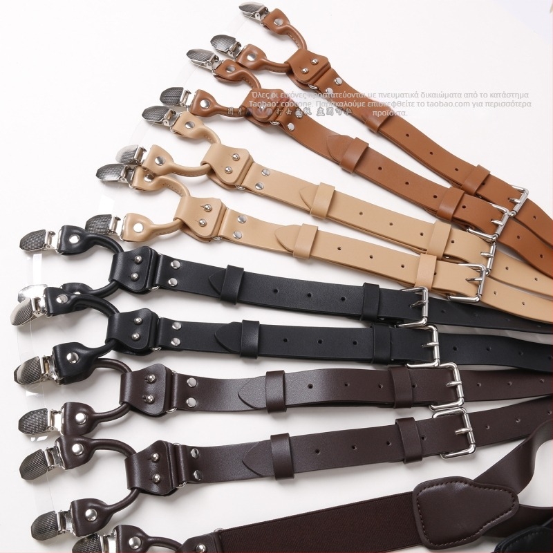 Ανδρικές δερμάτινες τιράντες με 6 κλιπ, διπλής στρώσης δέρμα + ελαστική ζώνη, ρυθμιζόμενη μήκος, διασταυρούμενο πίσω, για ενήλικους άνδρες