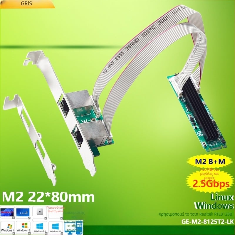 GRIS M.2 διπλής θύρας δικτυακή κάρτα, RJ-45, 10/100/1000 Mbps, M-B Key, Fast Ethernet