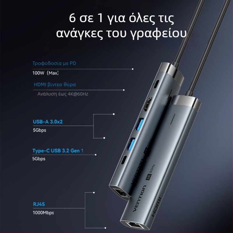 Weixun TGN σειρά USB-C σε HDMI και RJ45 Ethernet hub με USB 3.0×2 και USB 3.2 Gen 1 Type-C