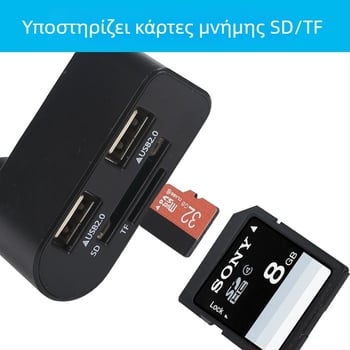 USB 2.0 περιστρεφόμενος συνδυασμένος hub με αναγνώστη καρτών – USB επέκταση με 2 θύρες (SD/TF/MicroSD)