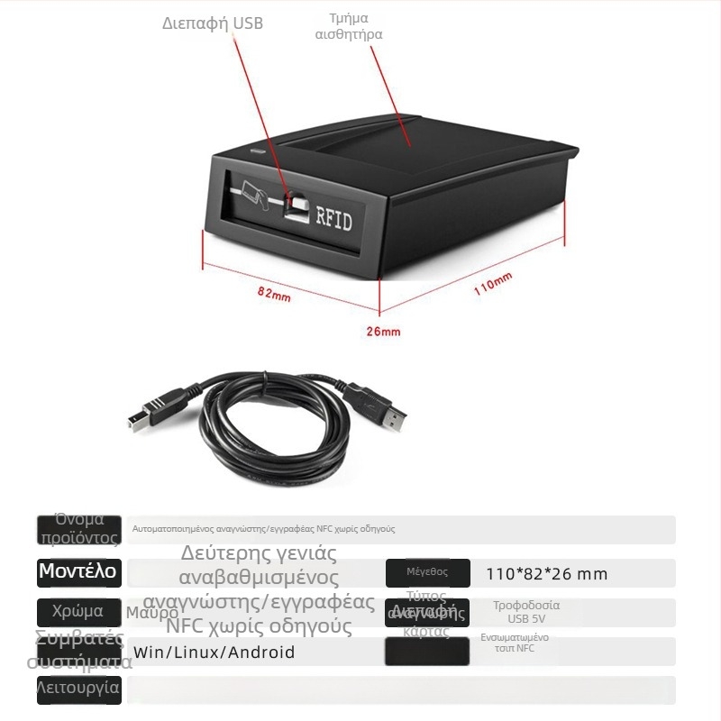 NFC μαζικός αναγνώστης/γραφέας USB χωρίς οδηγούς, με SDK - Υψηλή συχνότητα NFC, απόσταση ανίχνευσης 1–5 cm, χρόνος ανάγνωσης 0,5–3 s