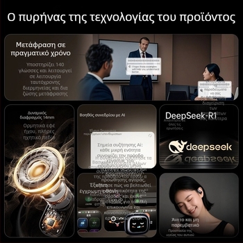 AI Έξυπνο Ακουστικό Bluetooth με Ταυτόχρονη Μετάφραση, Γάντζος για το Αυτί, Καταγραφή & Μεταγραφή, Android/iOS, Bluetooth 5.4, 400mAh, 45g, Έλεγχος Αφής και Κουμπιού, Μοντέλο 2025