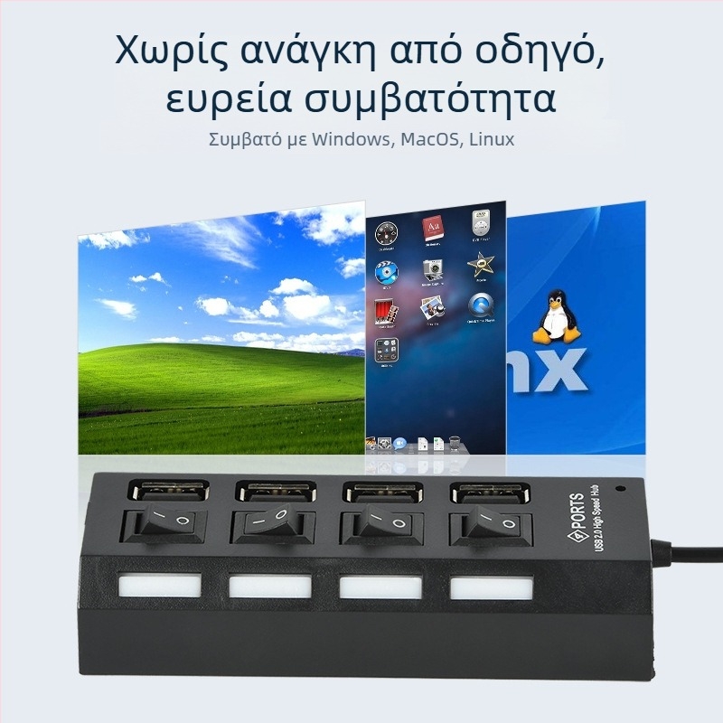 USB 2.0 4-θύρων USB hub, τροφοδοτούμενο μέσω USB, 480 Mbps