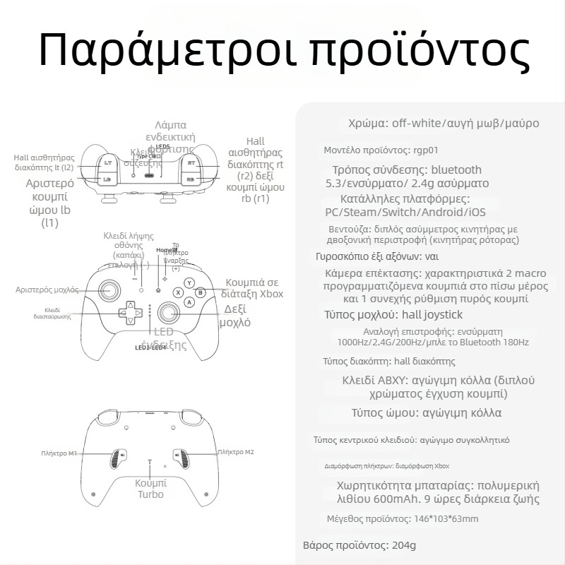 AMPOWN RGP01 gamepad — Ασύρματος ελεγκτής πολλαπλών πλατφορμών με Bluetooth 5.3/2.4G, USB, δόνηση και RGB φωτισμό