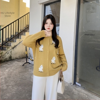 Γυναικεία ζακέτα πλεκτή με ζακάρ, Plus Size, φαρδιά γραμμή, μακριά μανίκια, στρογγυλός λαιμός