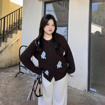 Γυναικεία ζακέτα πλεκτή με ζακάρ, Plus Size, φαρδιά γραμμή, μακριά μανίκια, στρογγυλός λαιμός