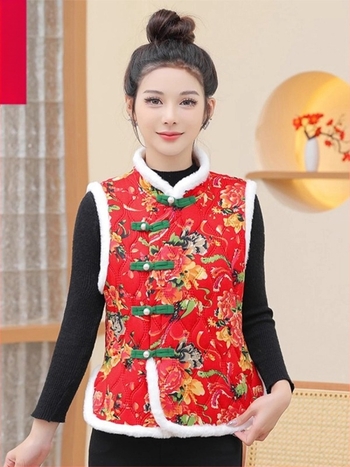 Γυναικείο γιλέκο με επένδυση φλίς από πολυεστέρα, floral σχέδιο, V-λαιμό, μεσαίο μήκος