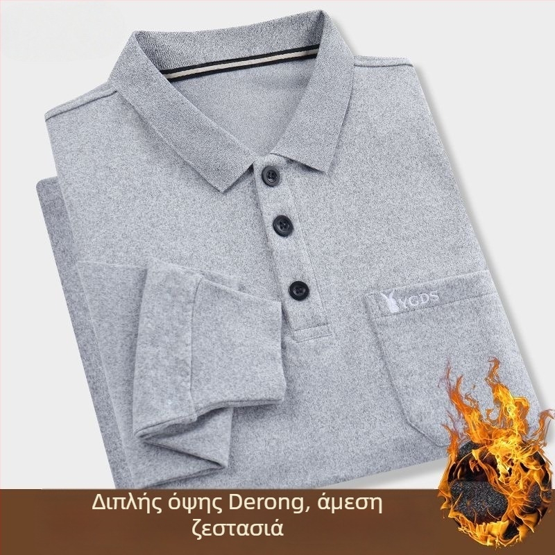 Ανδρική μακρυμάνικη T‑shirt με γυριστό γιακά Turn-Down, τσέπη, διπλό βελούδο, εκτύπωση με γράμματα, pullover, 96% πολυεστέρας, ζεστή για χειμώνα, άνοιξη και φθινοπωρο