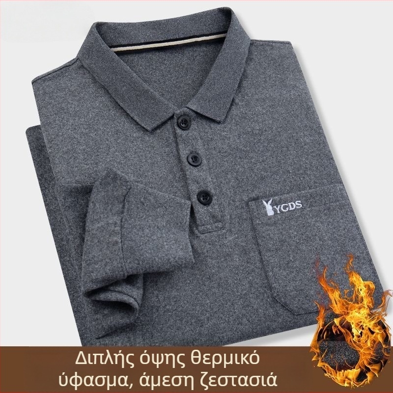 Ανδρική μακρυμάνικη T‑shirt με γυριστό γιακά Turn-Down, τσέπη, διπλό βελούδο, εκτύπωση με γράμματα, pullover, 96% πολυεστέρας, ζεστή για χειμώνα, άνοιξη και φθινοπωρο