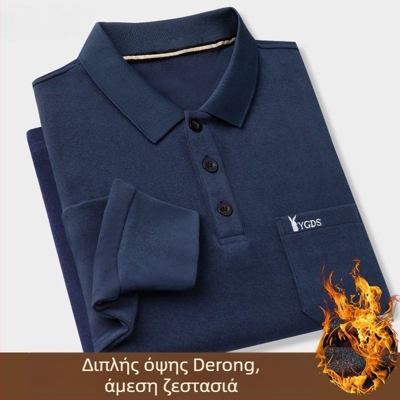 Ανδρική μακρυμάνικη T‑shirt με γυριστό γιακά Turn-Down, τσέπη, διπλό βελούδο, εκτύπωση με γράμματα, pullover, 96% πολυεστέρας, ζεστή για χειμώνα, άνοιξη και φθινοπωρο