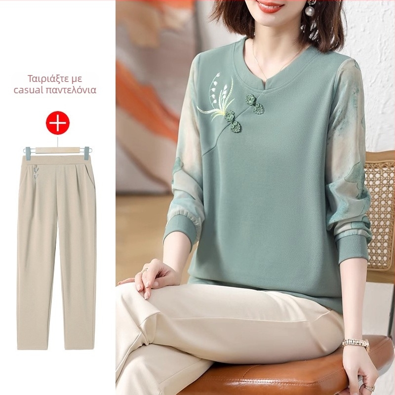 Κομψή πλεκτή μακρυμάνικη μπλούζα με κέντημα, στρογγυλός λαιμός, ύφασμα πολυεστέρα πάνω από 95% περιεκτικότητα, άνοιξη 2025 συλλογή