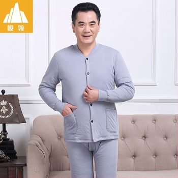 Junling ανδρικό σετ θερμικού ενδύματος φθινοπωρινό-χειμερινό από βαμβάκι, τριών στρώσεων, εξαιρετικά παχύ, 100% βαμβάκι εξωτερικός ιστός και επένδυση, τοπ με στρογγυλή λαιμόκοψη και παντελόνια, μονόχρωμο