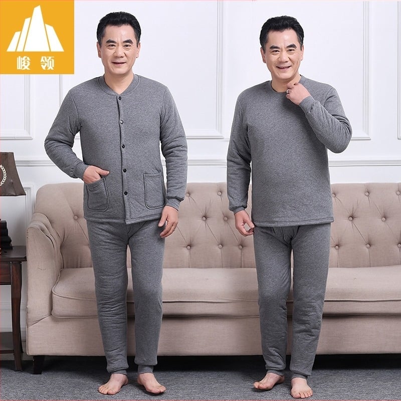 Junling ανδρικό σετ θερμικού ενδύματος φθινοπωρινό-χειμερινό από βαμβάκι, τριών στρώσεων, εξαιρετικά παχύ, 100% βαμβάκι εξωτερικός ιστός και επένδυση, τοπ με στρογγυλή λαιμόκοψη και παντελόνια, μονόχρωμο