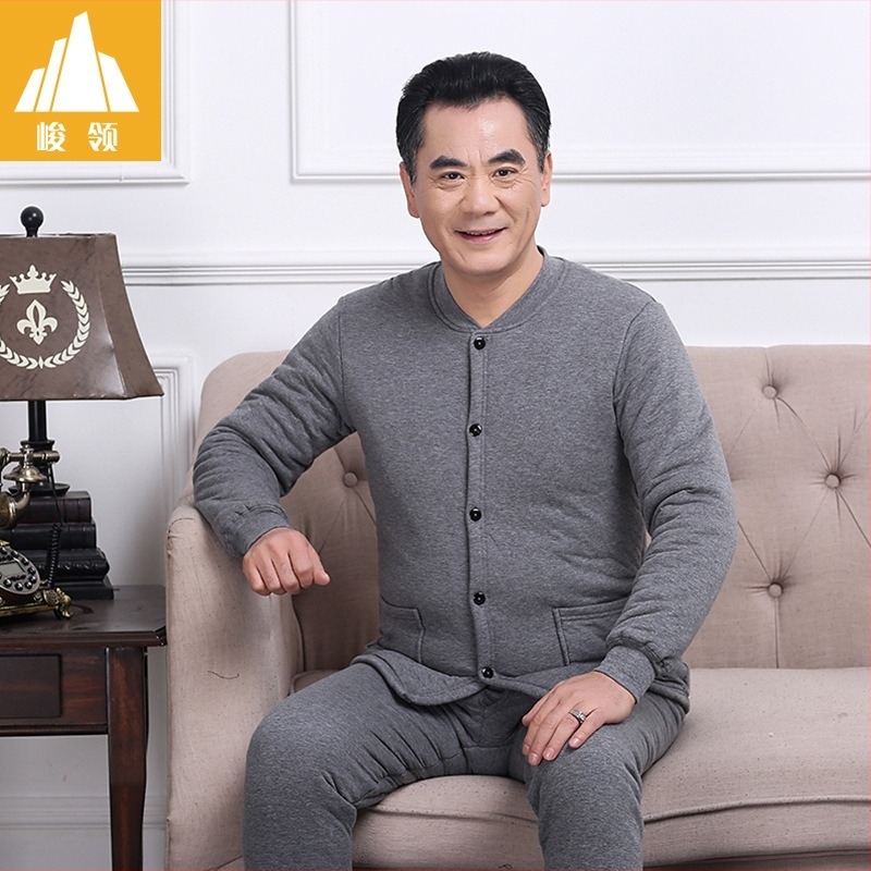 Junling ανδρικό σετ θερμικού ενδύματος φθινοπωρινό-χειμερινό από βαμβάκι, τριών στρώσεων, εξαιρετικά παχύ, 100% βαμβάκι εξωτερικός ιστός και επένδυση, τοπ με στρογγυλή λαιμόκοψη και παντελόνια, μονόχρωμο