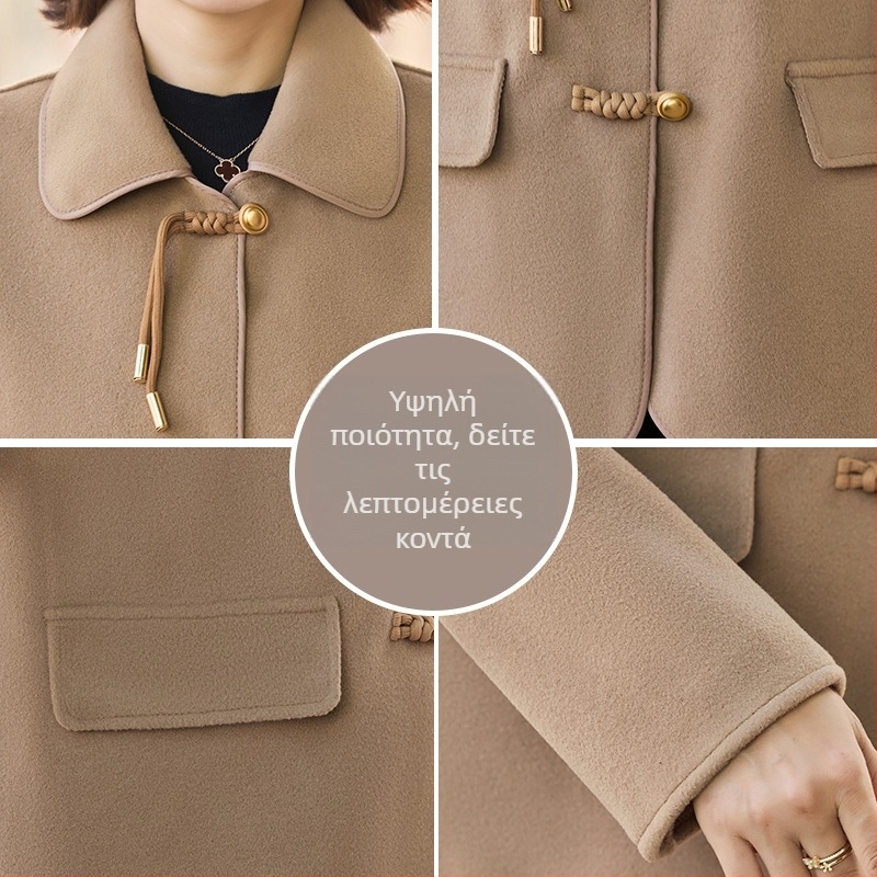 Γυναικείο παλτό από μαλλί και κασμίρι, κανονική γραμμή, διπλό κουμπί, V-λαιμό, μεσαίου μήκους, μονόχρωμο, κομψό καθημερινό στυλ