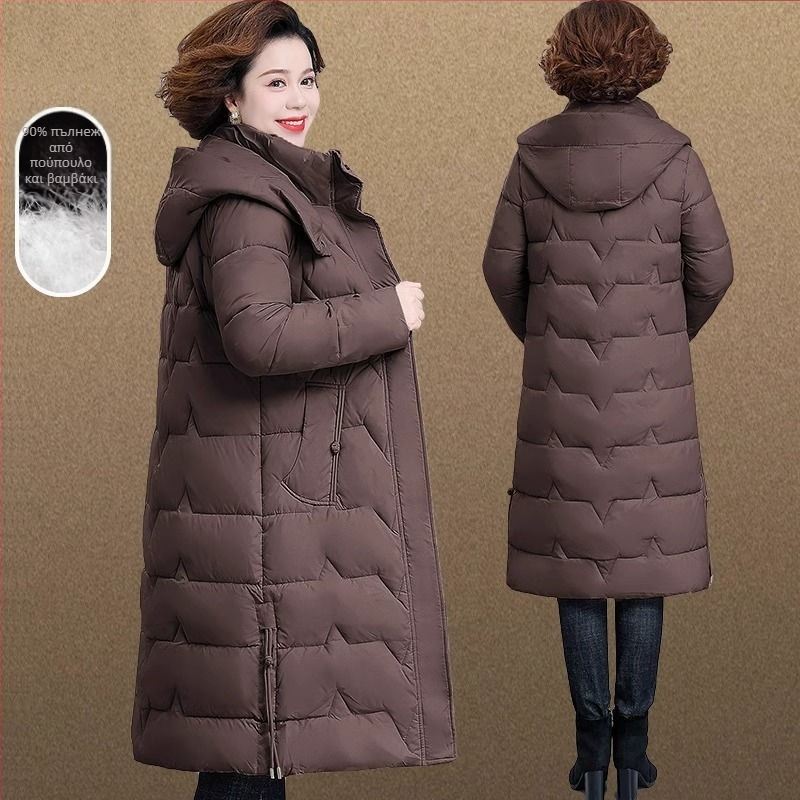 Γυναικείο χειμερινό μπουφάν με πούπουλα, Α-γραμμής σχέδιο με στάσιμο γιακά; λευκά πούπουλα πάπιας, περιεκτικότητα πούπουλων 51–55%/81–85%; μεσαίας πυκνότητας, πολυεστερικό ύφασμα