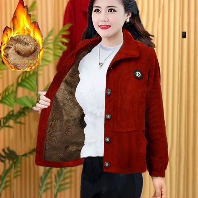 Corduroy γυναικειό μπουφάν, χωρίς γιακά, πολυεστερικό ύφασμα, κομψό καθημερινό χειμερινό στυλ, χειμώνας 2025