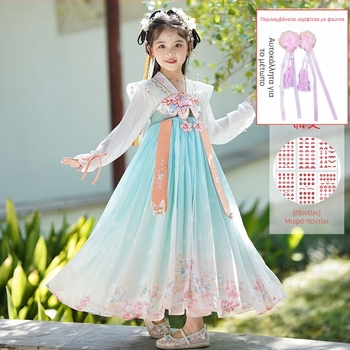 Κοριτσίστικο φόρεμα Hanfu Tang-Suit – φλοράλ μοτίβο, βασικό ύφασμα 95% πολυεστέρα, επένδυση πολυεστέρας, για άνοιξη και φθινόπωρο, κινεζικό ύφος