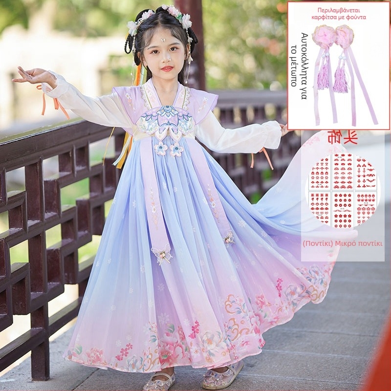 Κοριτσίστικο φόρεμα Hanfu Tang-Suit – φλοράλ μοτίβο, βασικό ύφασμα 95% πολυεστέρα, επένδυση πολυεστέρας, για άνοιξη και φθινόπωρο, κινεζικό ύφος