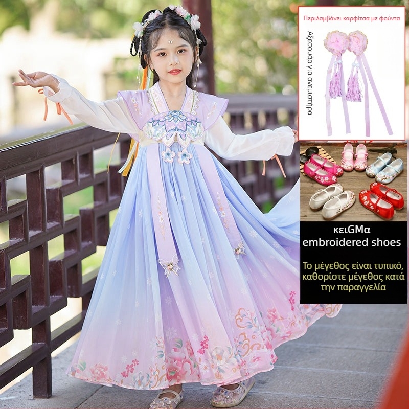 Κοριτσίστικο φόρεμα Hanfu Tang-Suit – φλοράλ μοτίβο, βασικό ύφασμα 95% πολυεστέρα, επένδυση πολυεστέρας, για άνοιξη και φθινόπωρο, κινεζικό ύφος