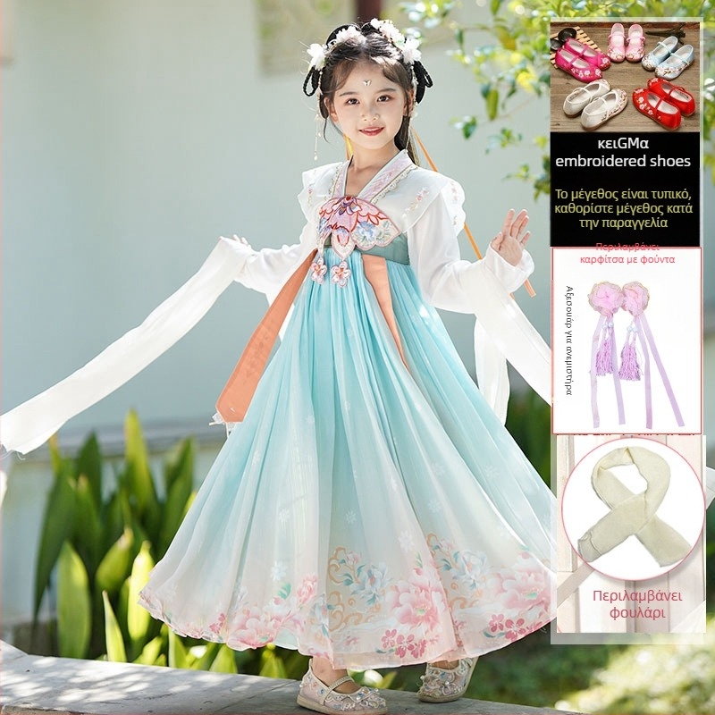 Κοριτσίστικο φόρεμα Hanfu Tang-Suit – φλοράλ μοτίβο, βασικό ύφασμα 95% πολυεστέρα, επένδυση πολυεστέρας, για άνοιξη και φθινόπωρο, κινεζικό ύφος