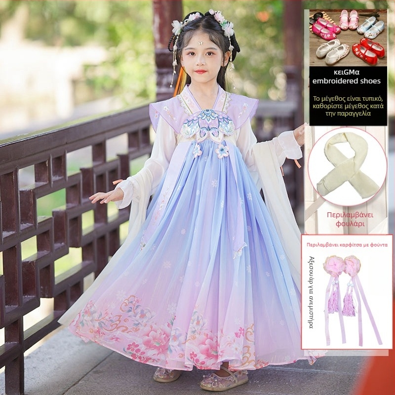 Κοριτσίστικο φόρεμα Hanfu Tang-Suit – φλοράλ μοτίβο, βασικό ύφασμα 95% πολυεστέρα, επένδυση πολυεστέρας, για άνοιξη και φθινόπωρο, κινεζικό ύφος