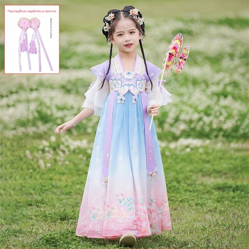 Κοριτσίστικο φόρεμα Hanfu Tang-Suit – φλοράλ μοτίβο, βασικό ύφασμα 95% πολυεστέρα, επένδυση πολυεστέρας, για άνοιξη και φθινόπωρο, κινεζικό ύφος