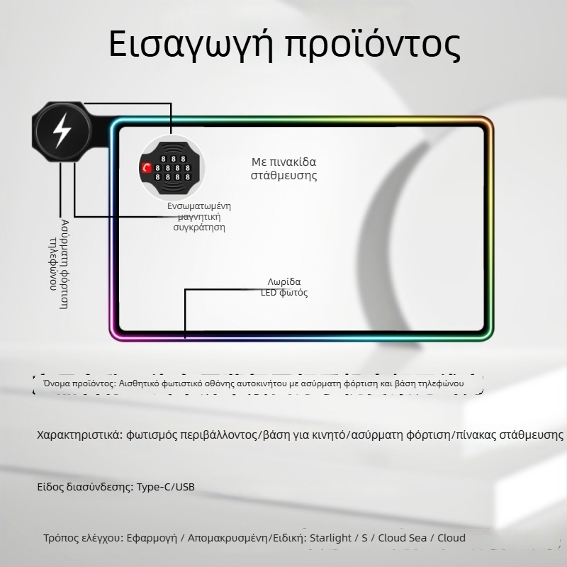 Βάση κινητού αυτοκινήτου με ασύρματη φόρτιση 15W, μαγνητική τοποθέτηση, φως περιβάλλοντος LED, για τον πίνακα οργάνων της Wuling Starlight